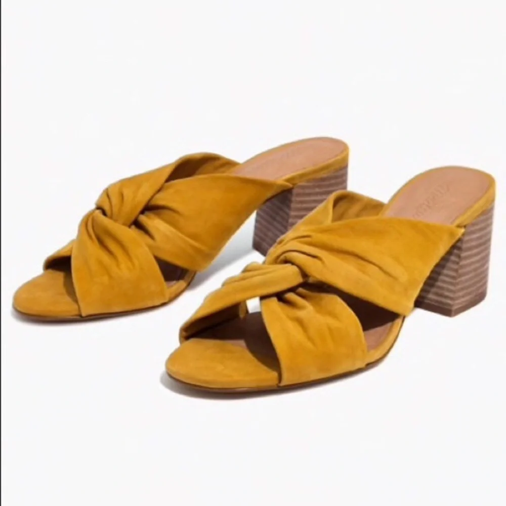 Madewell Mustard Yellow Knotted Suede Block Heel Sandals - Picture 1 of 8
